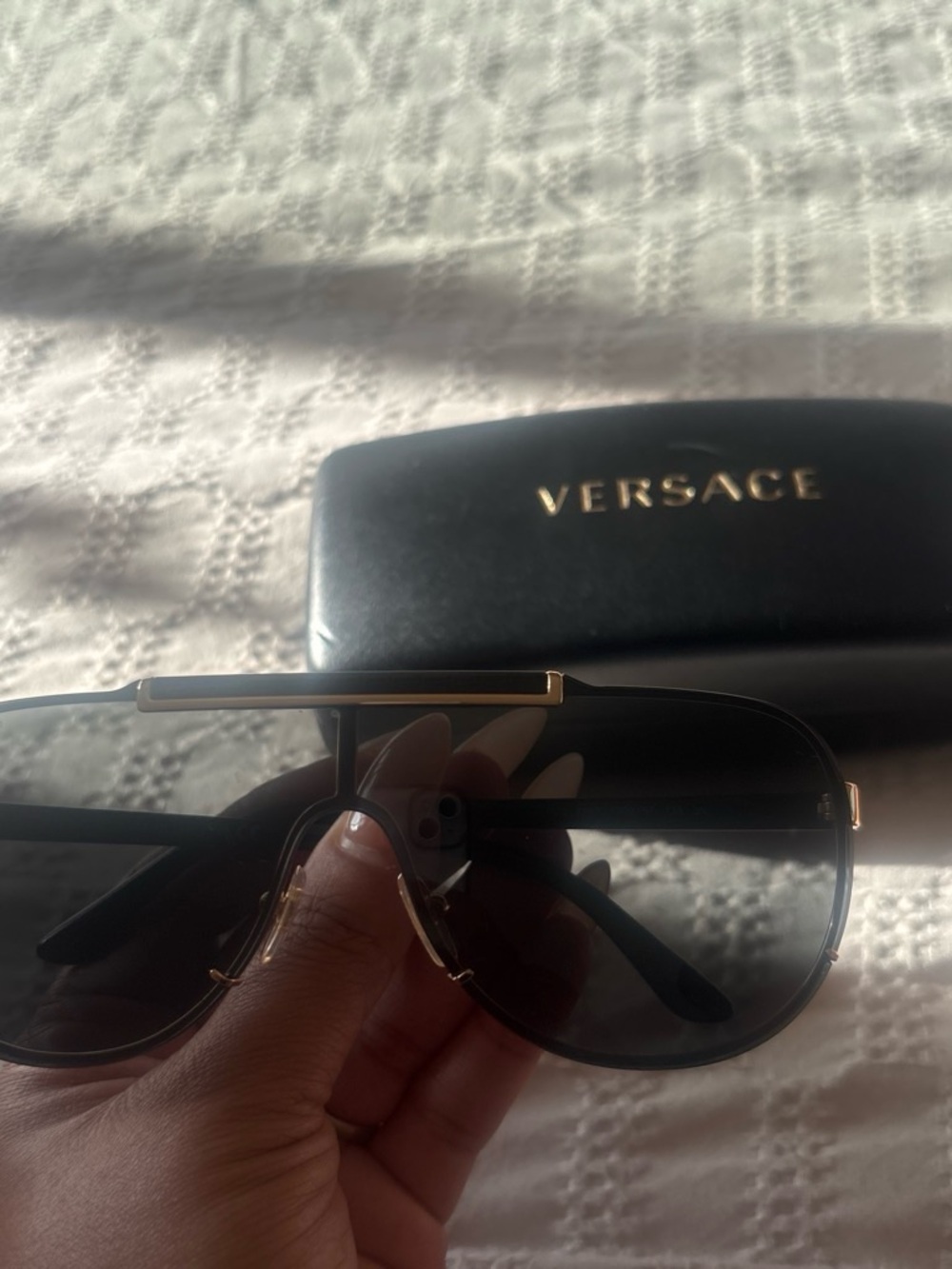 Versace Black and Gold Shield Sunglasses with Logo Case - Picture 6 of 7